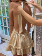 Date Night Dresses Mini Pleated Lace Up Sleeveless Halter Sweet Champagne Dress