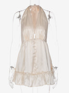 Date Night Dresses Mini Pleated Lace Up Sleeveless Halter Sweet Champagne Dress