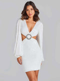 Party Dress Mini White V-Neck Sequins Long Sleeves Cross Front Puff Sleeves Casual Semi Formal Dress