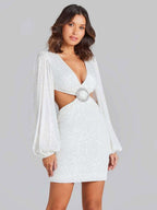 Party Dress Mini White V-Neck Sequins Long Sleeves Cross Front Puff Sleeves Casual Semi Formal Dress