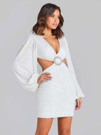 Party Dress Mini White V-Neck Sequins Long Sleeves Cross Front Puff Sleeves Casual Semi Formal Dress
