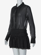 Date Night Dresses Mini Pleated Long Sleeves V-Neck Casual Black Dress