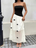 Date Night Dresses Maxi Backless Bows Sleeveless Bow Off-The-Shoulder Sweet Black+White Dress