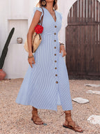 Daily Dresses Maxi Woman's Dress Short Sleeves V-Neck Natural Waist Sweet Buttons Blue Dress