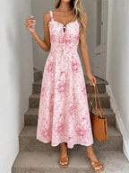 Date Night Dresses Maxi Backless Lace Up Ruffles Sleeveless Floral Print Off-The-Shoulder Chic Pink Dress
