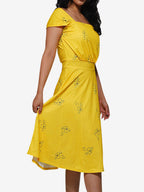Date Night Dresses Midi Short Sleeves Floral Print Square Neck Casual Yellow Dress