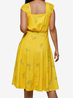 Date Night Dresses Midi Short Sleeves Floral Print Square Neck Casual Yellow Dress
