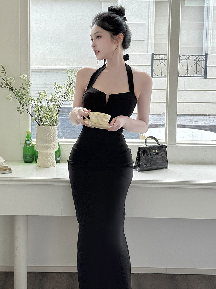 Date Night Dresses Maxi Backless Lace Up Sleeveless Halter Elegant Black Dress