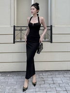 Date Night Dresses Maxi Backless Lace Up Sleeveless Halter Elegant Black Dress