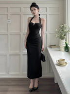 Date Night Dresses Maxi Backless Lace Up Sleeveless Halter Elegant Black Dress