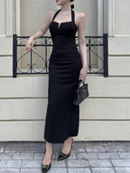 Date Night Dresses Maxi Backless Lace Up Sleeveless Halter Elegant Black Dress