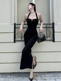 Date Night Dresses Maxi Backless Lace Up Sleeveless Halter Elegant Black Dress