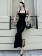 Date Night Dresses Maxi Backless Lace Up Sleeveless Halter Elegant Black Dress