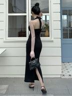 Date Night Dresses Maxi Backless Lace Up Sleeveless Halter Elegant Black Dress