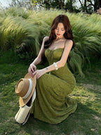 Date Night Dresses Maxi Backless Strappy Zipper Sleeveless Floral Print Off-The-Shoulder Sweet Green Dress