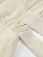 Date Night Dresses Mini Pleated Long Sleeves V-Neck Sweet Apricot Dress