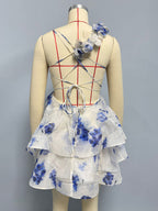 Vacation Dresses Mini Backless Flowers Lace Up Sleeveless Floral Print V-Neck Casual Pink Dress