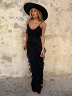 Party Dress Maxi Black Straps Neck Ruffles Sleeveless Backless Elegant Semi Formal Dress