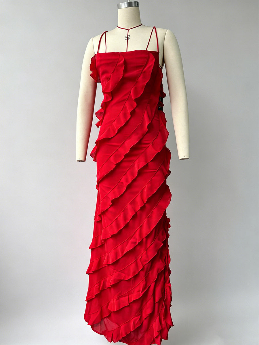 Party Dress Maxi Orange Off-The-Shoulder Ruffles Sleeveless Backless Elegant Semi Formal Dress Dress