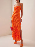 Party Dress Maxi Orange Off-The-Shoulder Ruffles Sleeveless Backless Elegant Semi Formal Dress Dress