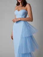 Party Dress Maxi Blue Strapless Zipper Sleeveless Backless Elegant Semi Formal Dress