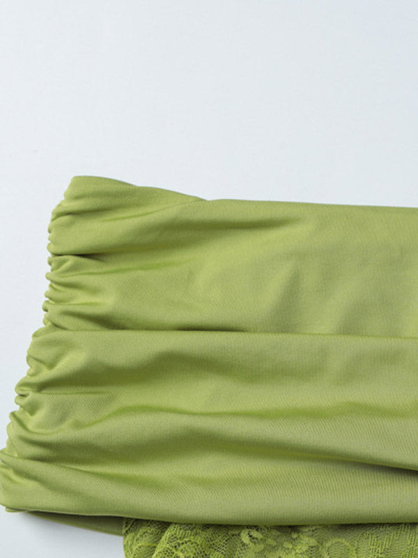 Date Night Dresses Mini Asymmetrical Pleated Lace Short Sleeves Off-The-Shoulder Sexy Green Dress