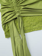 Date Night Dresses Mini Asymmetrical Pleated Lace Short Sleeves Off-The-Shoulder Sexy Green Dress