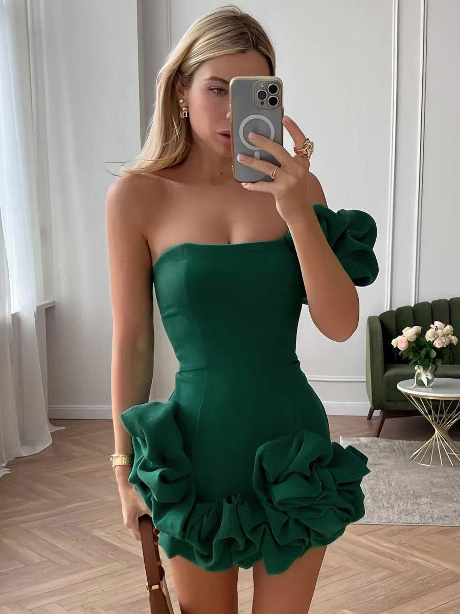 Date Night Dresses Mini Backless Ruffles Zipper Sleeveless Strapless Chic White Dress