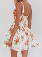 Date Night Dresses Mini Backless Grommets Zipper Sleeveless Floral Print Square Neck Chic Dress