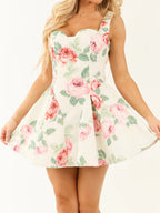 Date Night Dresses Mini Backless Grommets Zipper Sleeveless Floral Print Square Neck Chic Dress