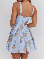 Date Night Dresses Mini Backless Grommets Zipper Sleeveless Floral Print Square Neck Chic Dress