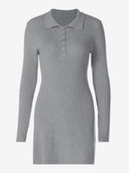 Date Night Dresses Mini Pleated Knitted Long Sleeves V-Neck Sweet Gray Dress