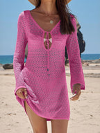Cover Ups Mini Dresses Shaping Long Sleeves Scoop Neck Athletic Black Summer Beach Swimwear
