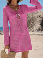 Cover Ups Mini Dresses Shaping Long Sleeves Scoop Neck Athletic Black Summer Beach Swimwear