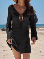 Cover Ups Mini Dresses Shaping Long Sleeves Scoop Neck Athletic Black Summer Beach Swimwear