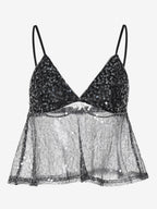 Black Cami Top Straps Neck Lace Sexy Polyester Women Camis