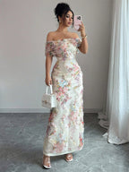 Date Night Dresses Maxi Backless Zipper Ruffles Sleeveless Floral Print Off-The-Shoulder Sweet Dress