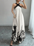 Vacation Dresses Maxi Backless Lace Up Sleeveless Floral Print Halter Elegant White Dress