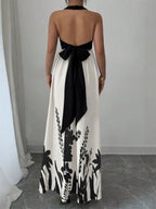 Vacation Dresses Maxi Backless Lace Up Sleeveless Floral Print Halter Elegant White Dress