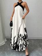 Vacation Dresses Maxi Backless Lace Up Sleeveless Floral Print Halter Elegant White Dress