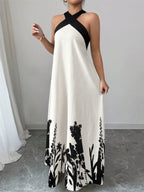 Vacation Dresses Maxi Backless Lace Up Sleeveless Floral Print Halter Elegant White Dress