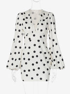 Date Night Dresses Mini Pleated Long Sleeves Polka Dot V-Neck Flared Sleeves Elegant Dress