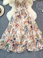 Vacation Dresses Maxi Backless Flowers Strappy Sleeveless Floral Print Straps Neck Chic Apricot Dress