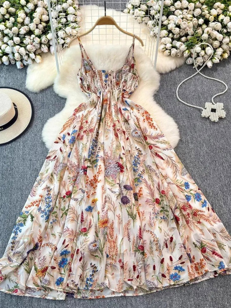 Vacation Dresses Maxi Backless Flowers Strappy Sleeveless Floral Print Straps Neck Chic Apricot Dress