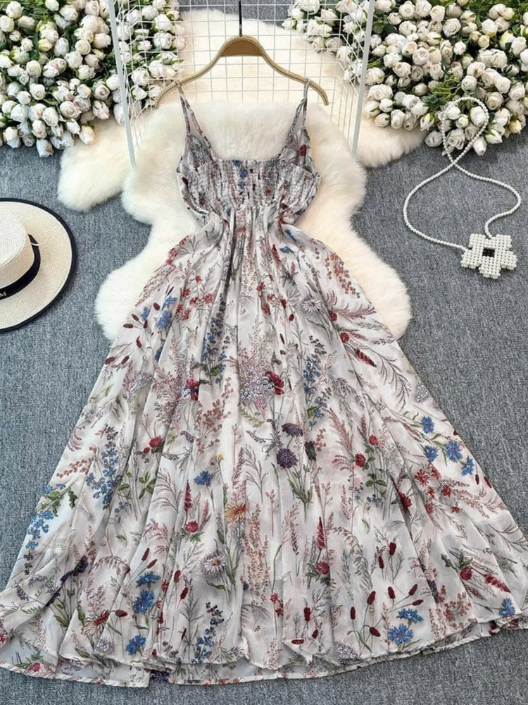 Vacation Dresses Maxi Backless Flowers Strappy Sleeveless Floral Print Straps Neck Chic Apricot Dress