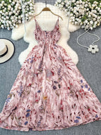 Vacation Dresses Maxi Backless Flowers Strappy Sleeveless Floral Print Straps Neck Chic Apricot Dress