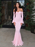 Party Dress Maxi Pink Off-The-Shoulder Lace Long Sleeves Pleated Chic Semi Formal Dress