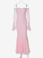 Party Dress Maxi Pink Off-The-Shoulder Lace Long Sleeves Pleated Chic Semi Formal Dress