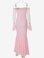 Party Dress Maxi Pink Off-The-Shoulder Lace Long Sleeves Pleated Chic Semi Formal Dress