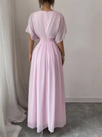 Party Dress Maxi Pink Jewel Neck Ruffles Half Sleeves Chic Semi Formal Dress